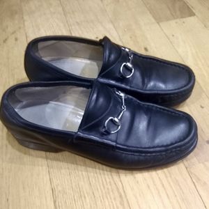 Gucci Horsebit Heeled Black Leather Loafers Size 7B